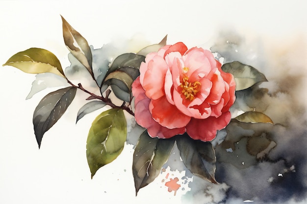 A watercolor painting of a pink peony with green leaves.