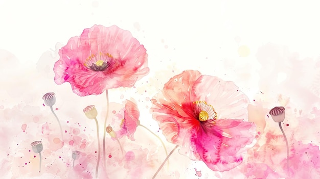 Photo watercolor painting of pink poppies on a white background