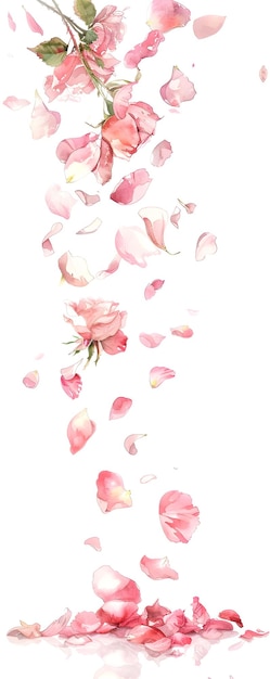 Watercolor Painting of Pink Rose Petals Falling on White Background