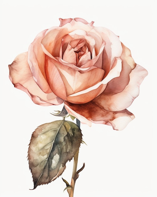 A watercolor painting of a pink rose with a leaf on it.