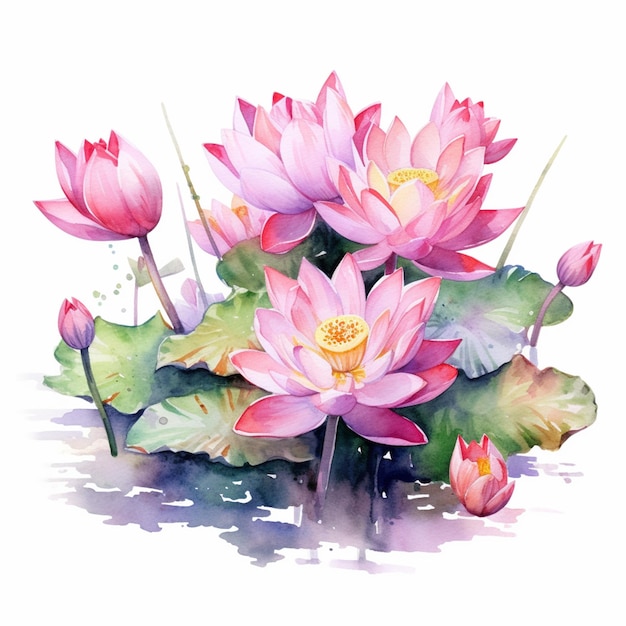 Watercolor painting of a pink water lily