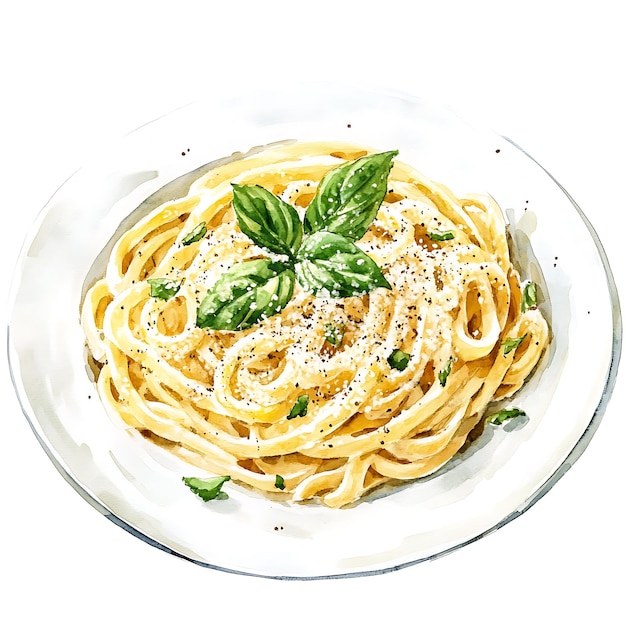 Photo watercolor painting of a plate of spaghetti with basil and parmesan cheese