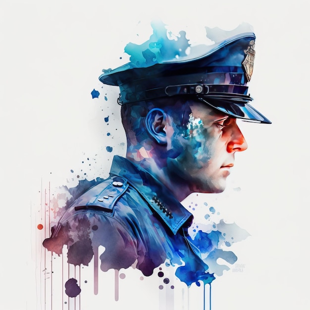 A watercolor painting of a police officer with the word police on it.