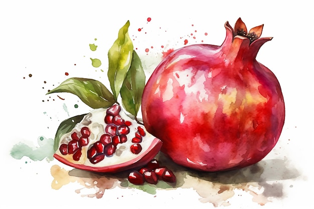 A watercolor painting of a pomegranate and a half of a pomegranate.