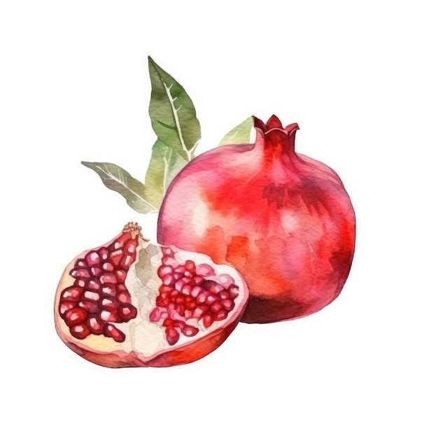 Watercolor painting of pomegranate with green leaves