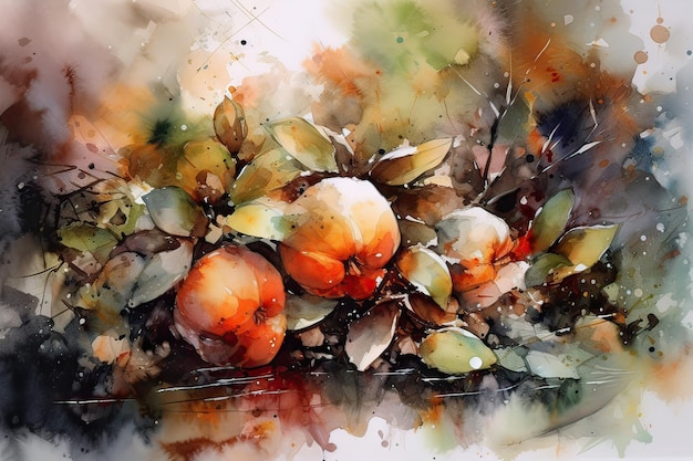 A watercolor painting of pomegranates and leaves.