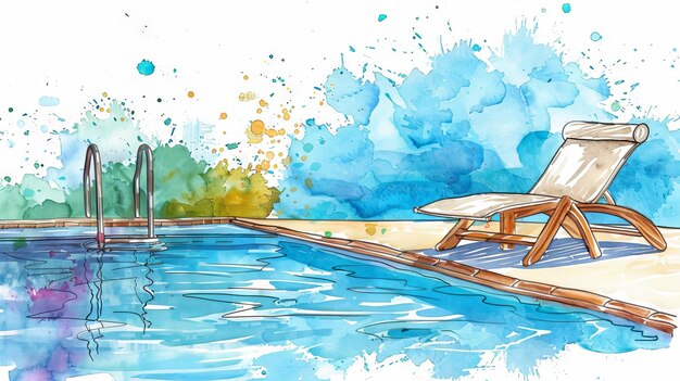 Watercolor painting of a poolside lounge chair and towel Pool in modern resort Concept of relaxation leisure summer tranquility vacation