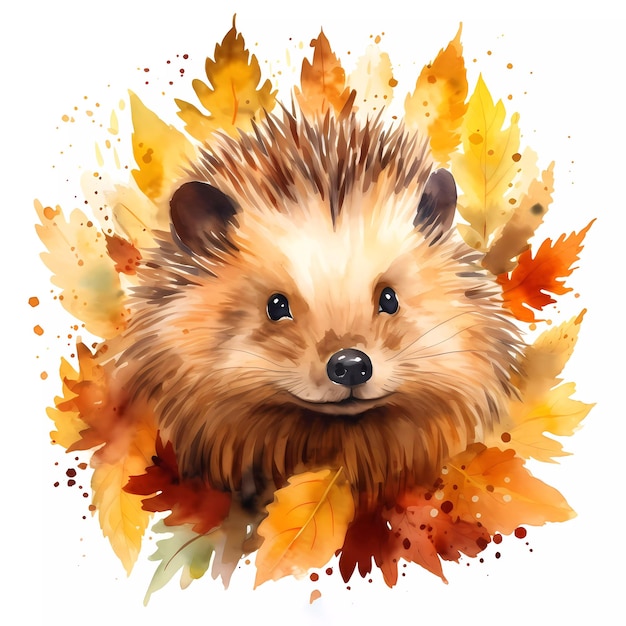 A watercolor painting of a porcupine with leaves