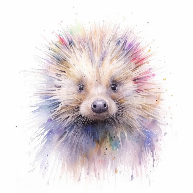 Watercolor painting of porcupine with white background