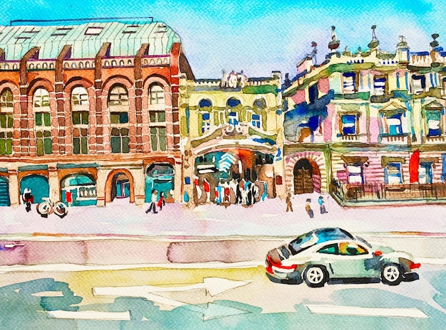 Watercolor painting poster of Piccadilly street of London, sketch art illustration