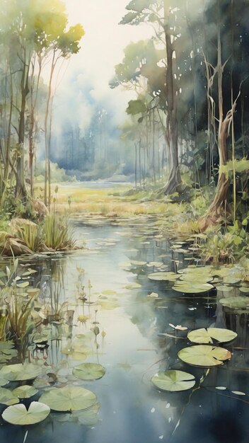 Watercolor painting A pristine undisturbed fen with crystalclear water delicate aquatic plants