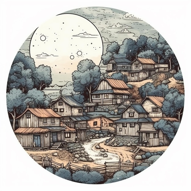 Watercolor painting of a prosperous village