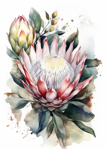 A watercolor painting of a protea with flowers.