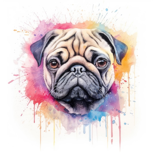 Watercolor painting of pug with white background