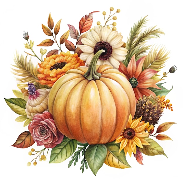 a watercolor painting of a pumpkin and flowers Sublimation Clipart