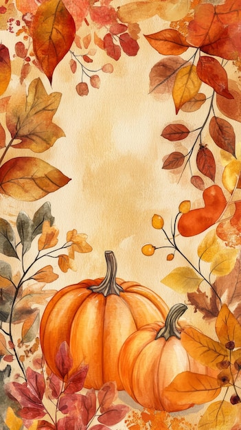 a watercolor painting of a pumpkin and leaves