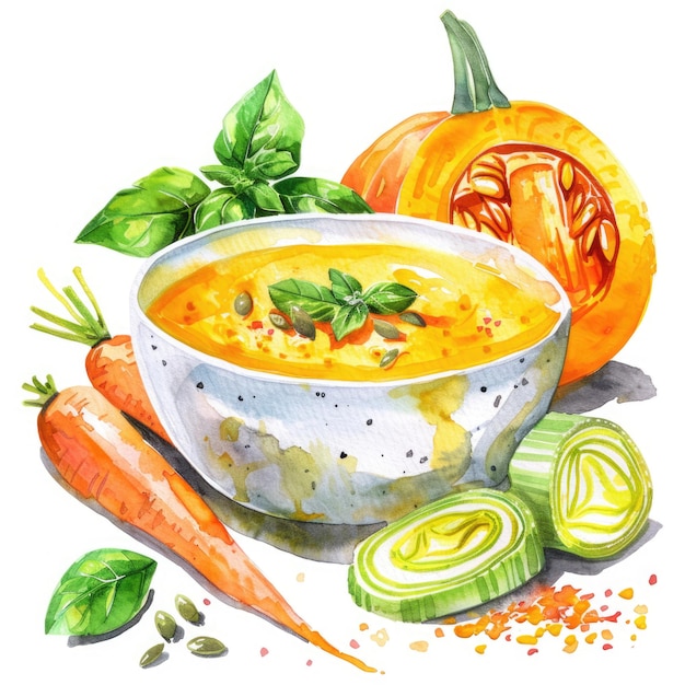 Photo watercolor painting of pumpkin soup with carrots leek and basil