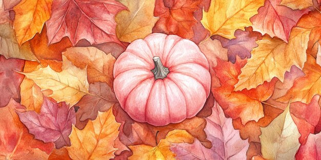 a watercolor painting of a pumpkin with autumn leaves