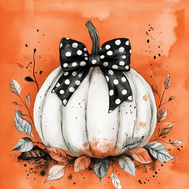 Photo a watercolor painting of a pumpkin with a black bow on it