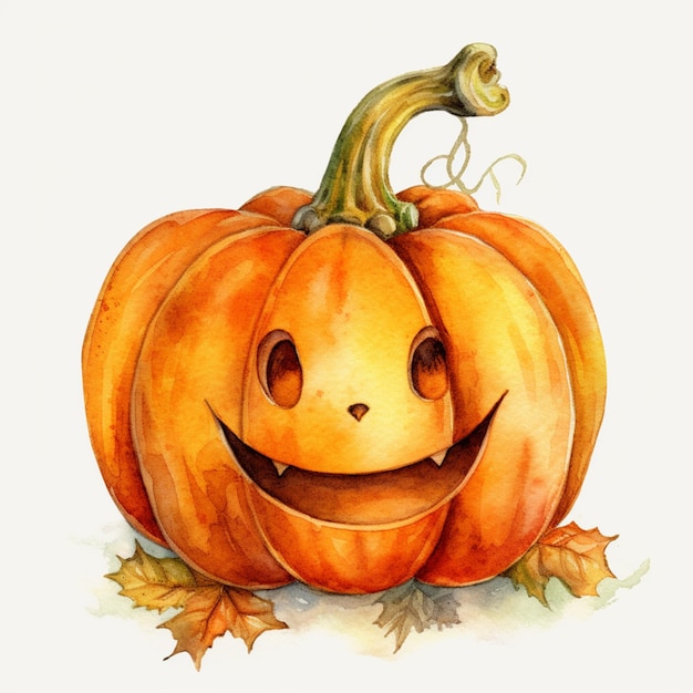 A watercolor painting of a pumpkin with a face and a smile on it.