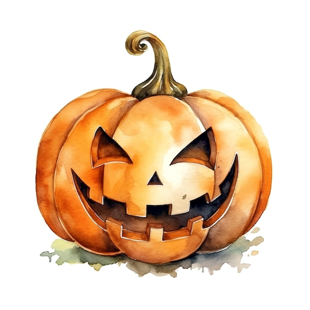 A watercolor painting of a pumpkin with a face and the word halloween on it.