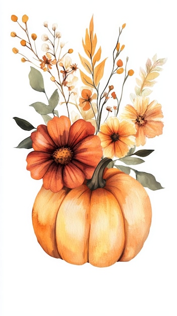 a watercolor painting of a pumpkin with flowers in the middle