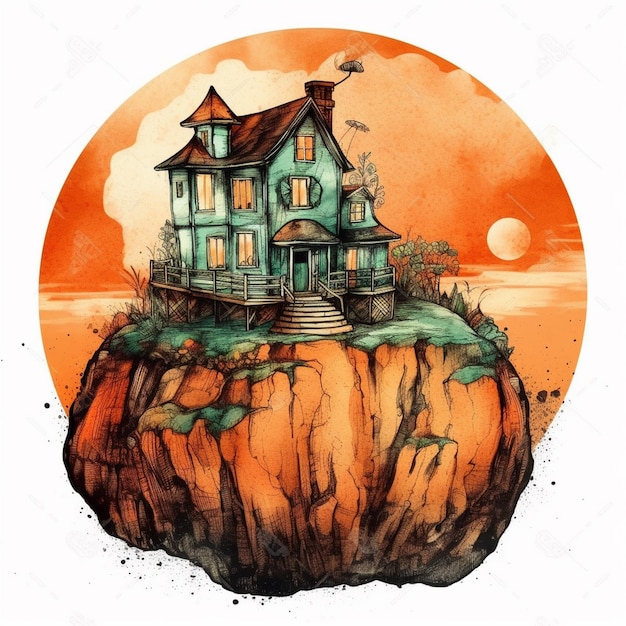 Watercolor painting of a pumpkinshaped house