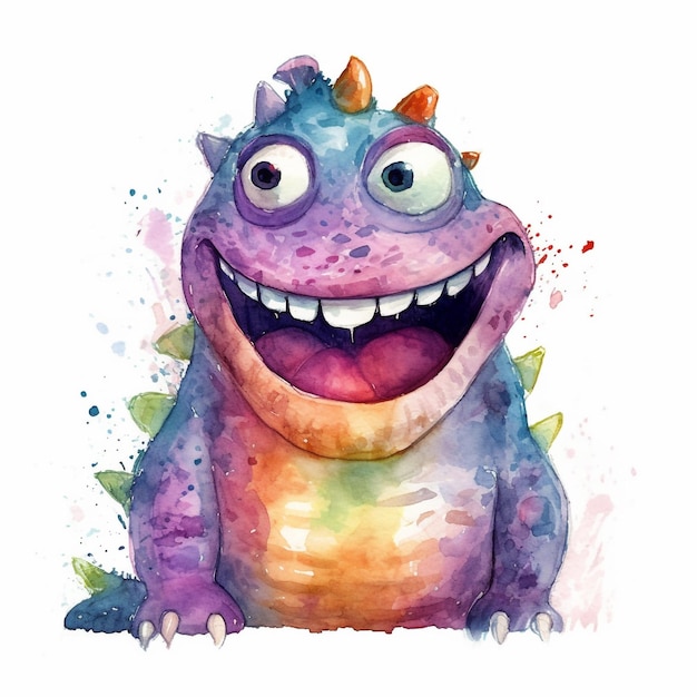 A watercolor painting of a purple dragon with a blue tail and a red nose.