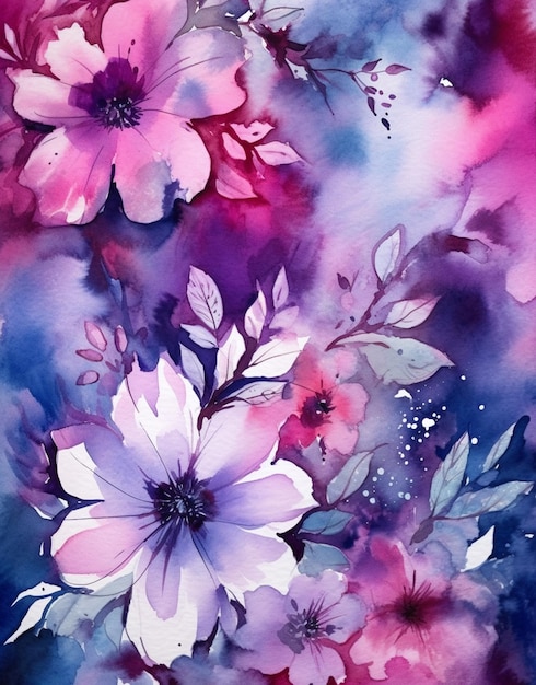 Watercolor painting of a purple flower with leaves and flowers.