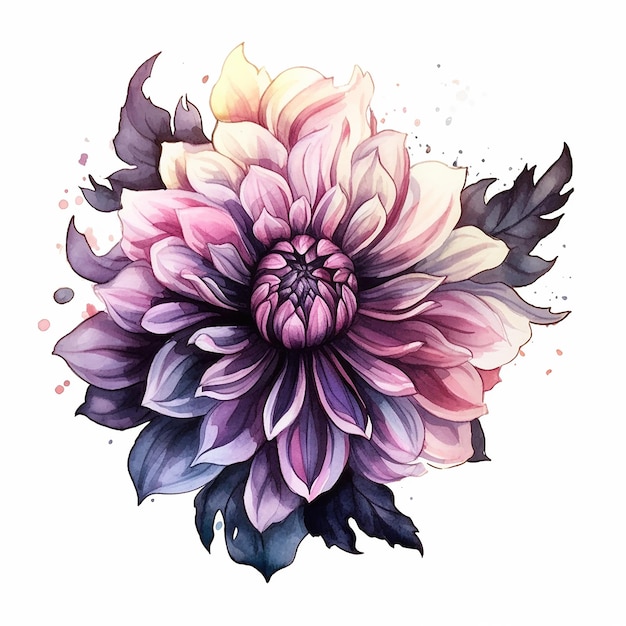 A watercolor painting of a purple and pink flower with the word dahlia on it.