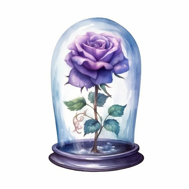 a watercolor painting of a purple rose in a glass dome generative ai