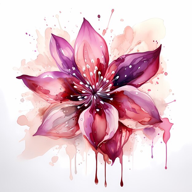 a watercolor painting of a purple and white flower