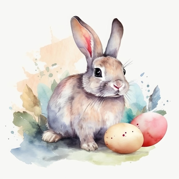 Watercolor painting of a rabbit and easter eggs.