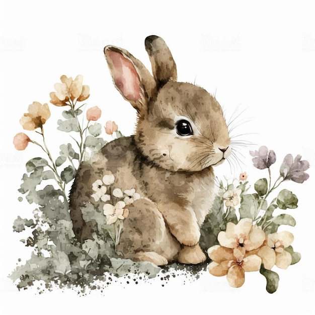 A watercolor painting of a rabbit in a field of flowers.