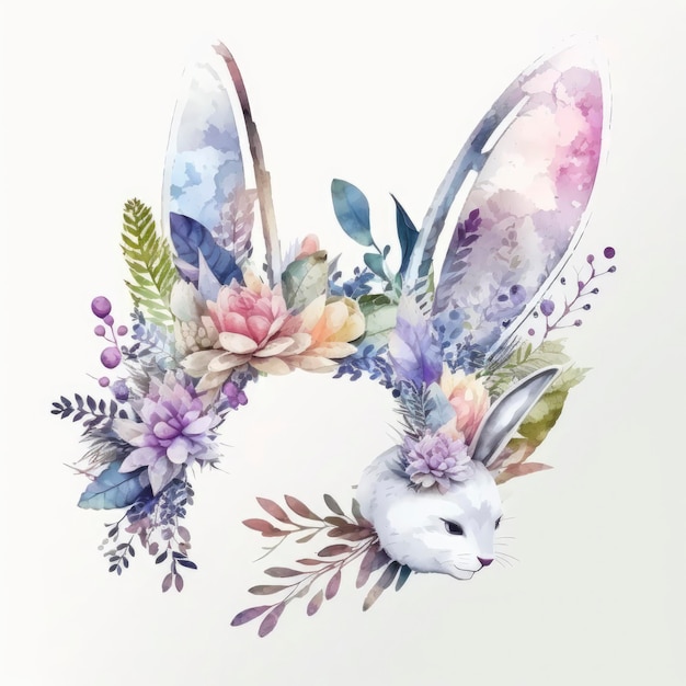 A watercolor painting of a rabbit and flowers.