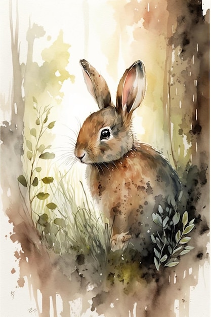 A watercolor painting of a rabbit in the forest