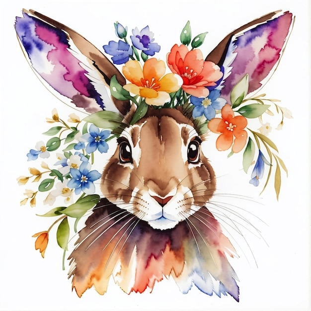 A watercolor painting of a rabbit wearing a flower crown