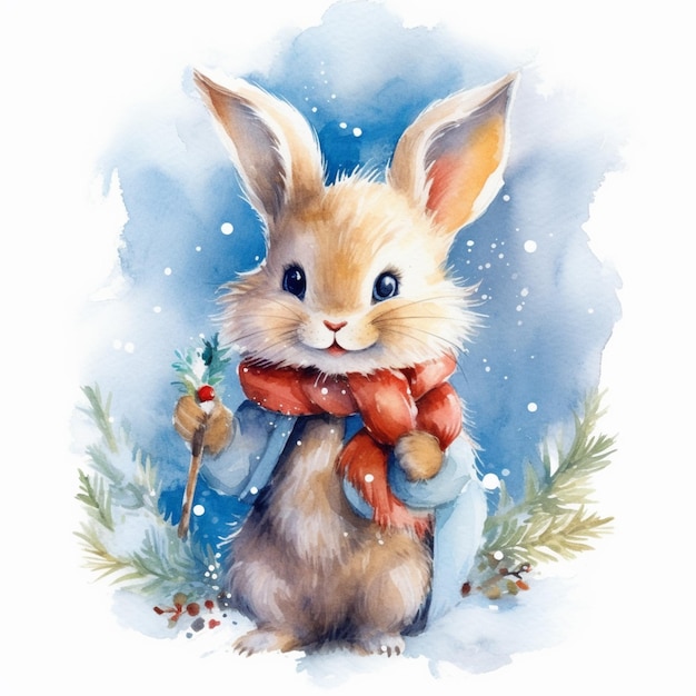 A watercolor painting of a rabbit wearing a scarf and a red bow.