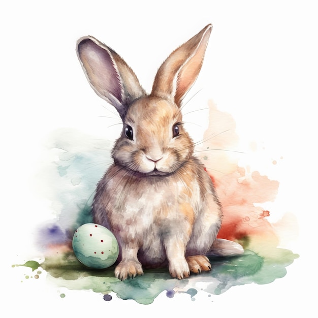 Watercolor painting of a rabbit with a green easter egg.