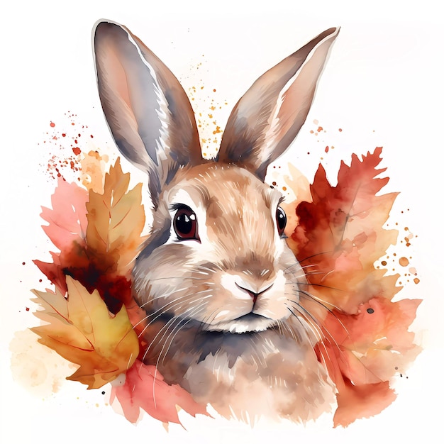 A watercolor painting of a rabbit with orange and red leaves