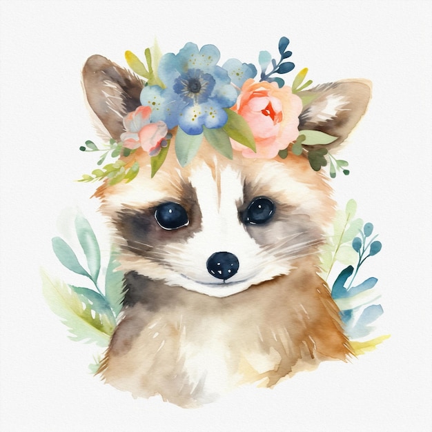 A watercolor painting of a raccoon wearing a flower crown.