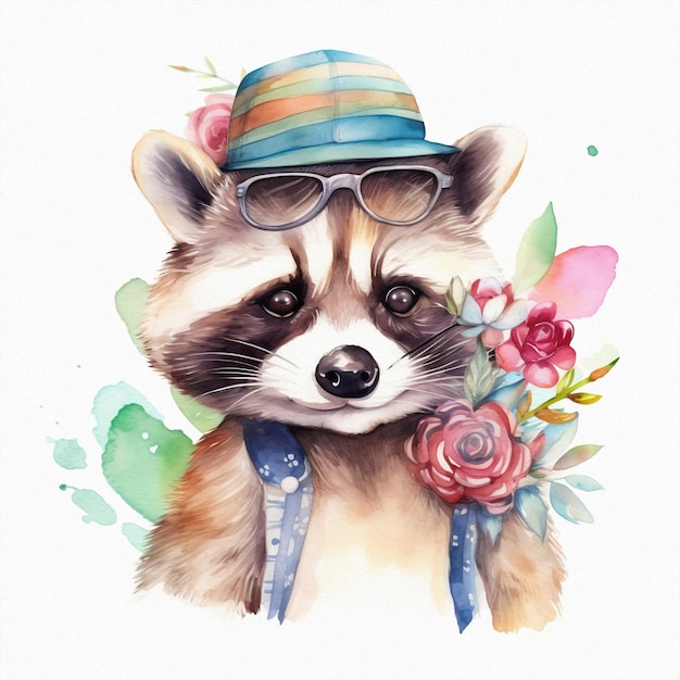 A watercolor painting of a raccoon wearing a hat and a bow tie.