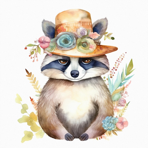 A watercolor painting of a raccoon wearing a hat with flowers.