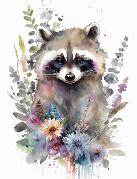 A watercolor painting of a raccoon with flowers.