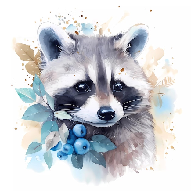 A watercolor painting of a raccoon with leaves