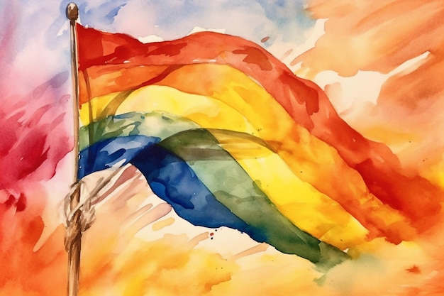 Watercolor painting of a rainbow flag with the word pride on it.