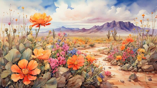 Watercolor painting A rare desert bloom with a carpet of vibrant wildflowers bursting to life after