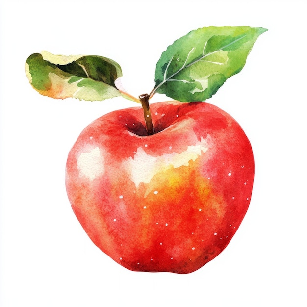 Photo watercolor painting of a red apple with green leaves