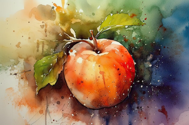 A watercolor painting of a red apple with green leaves.