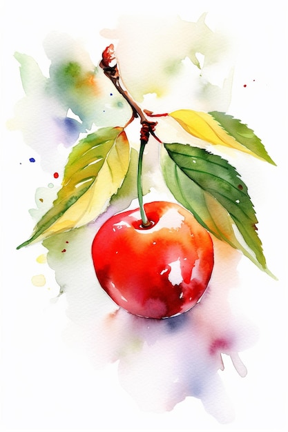 Watercolor painting of a red apple with green leaves